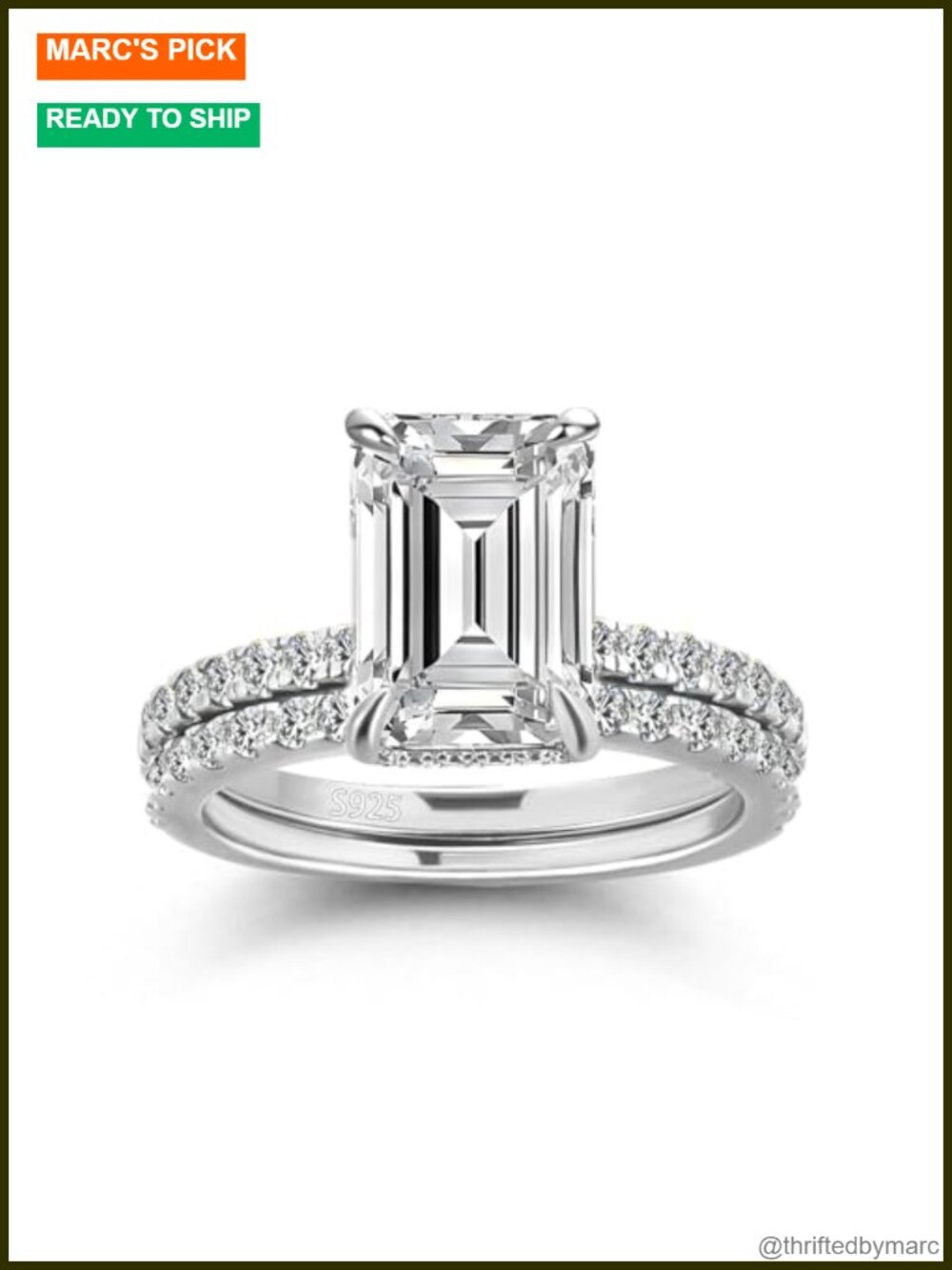Sterling Silver 18K White Gold Plated 3CT Emerald Cut Bridal Wedding Ring Set